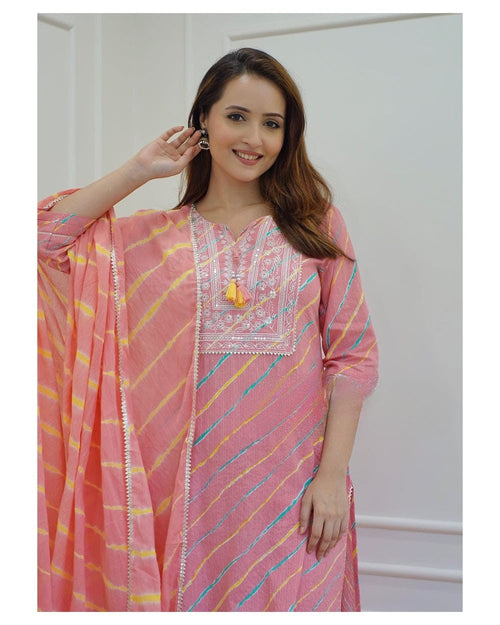 Blush Pink Leheriya Rayon Kurta Set With Dupatta