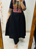 Women’s Black Cotton Anarkali Kurta Pant Set with Embroidered Yoke