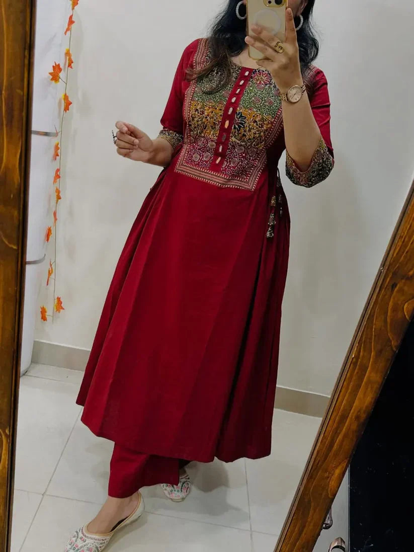 Women’s Red Cotton Anarkali Kurta Pant Set with Embroidered Yoke