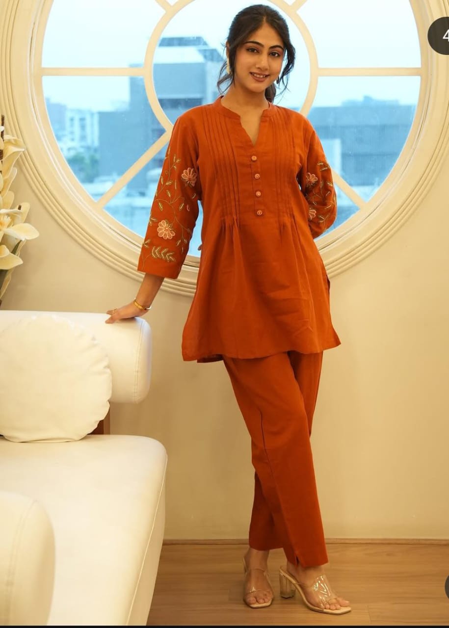 Floral Embroidered Orange Cotton Co-Ord Set