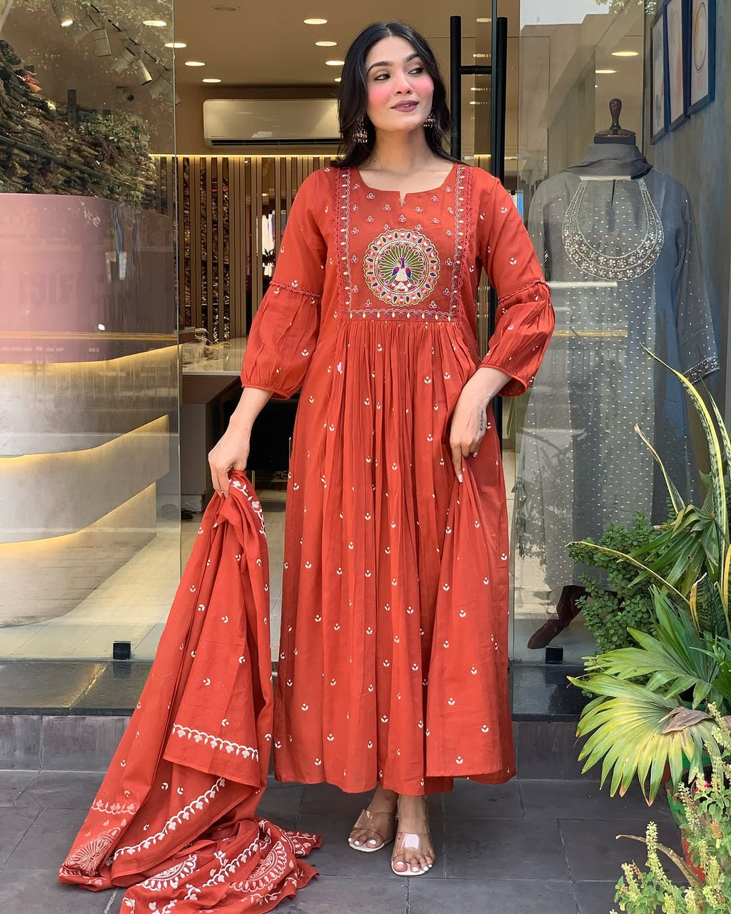 Rust Peacock Embroidered Anarkali Set