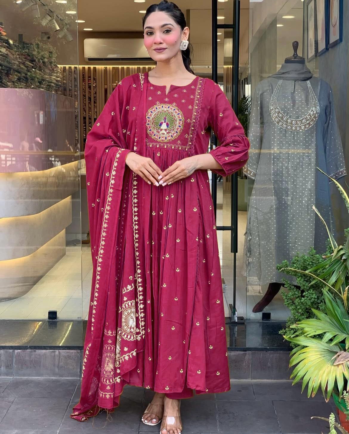 Berry Embroidered Peacock Anarkali set