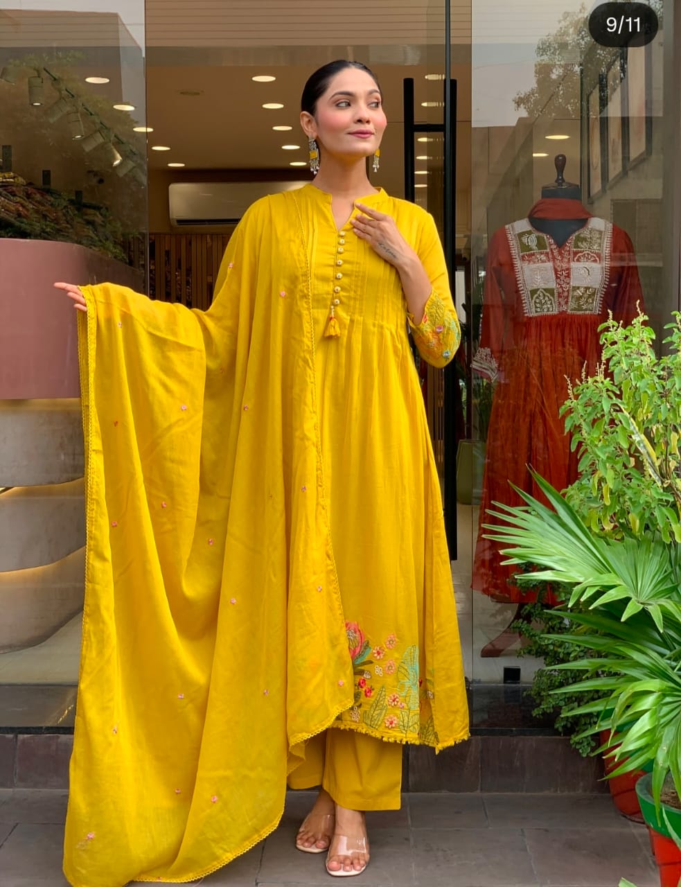 Women Yellow Floral Embroidered Pleated Thread Work kurta &. Dupatta set