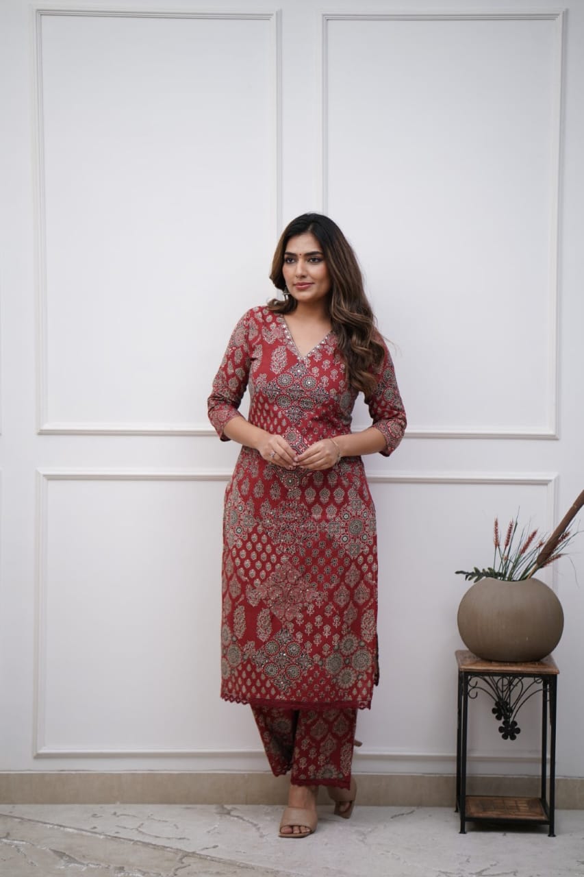 Pathani Red Straight Kurta Set