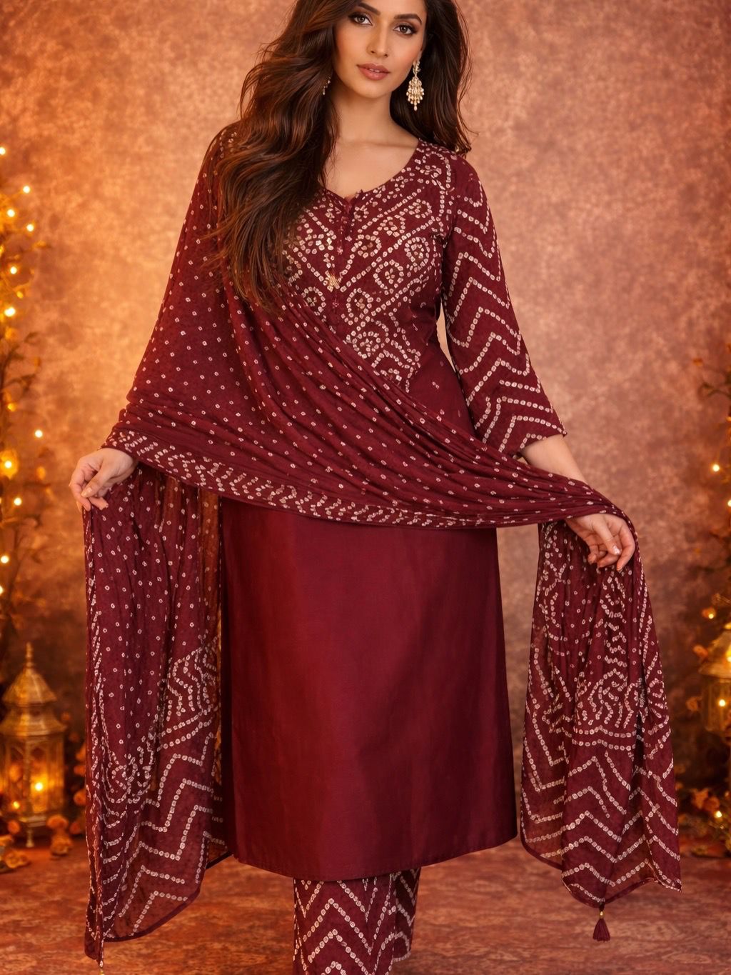Maroon Bandhani Embroidery & Dupatta Set