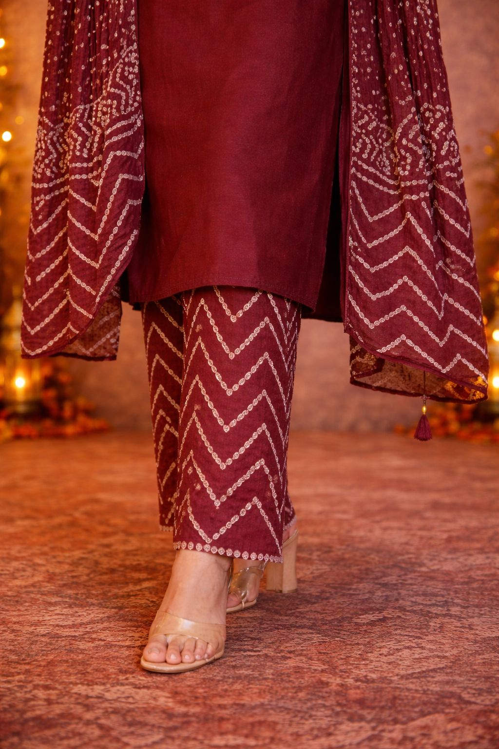 Maroon Bandhani Embroidery & Dupatta Set