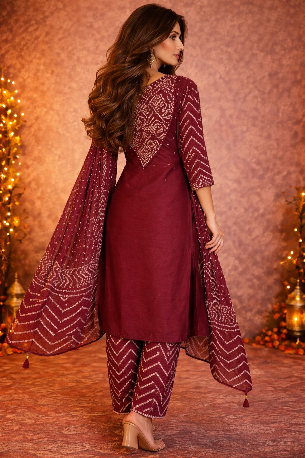 Maroon Bandhani Embroidery & Dupatta Set