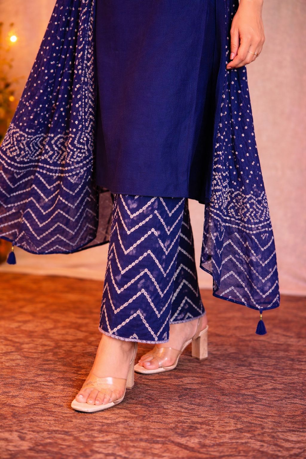 Navy Blue Bandhani Printed Kurta Set with Dupatta