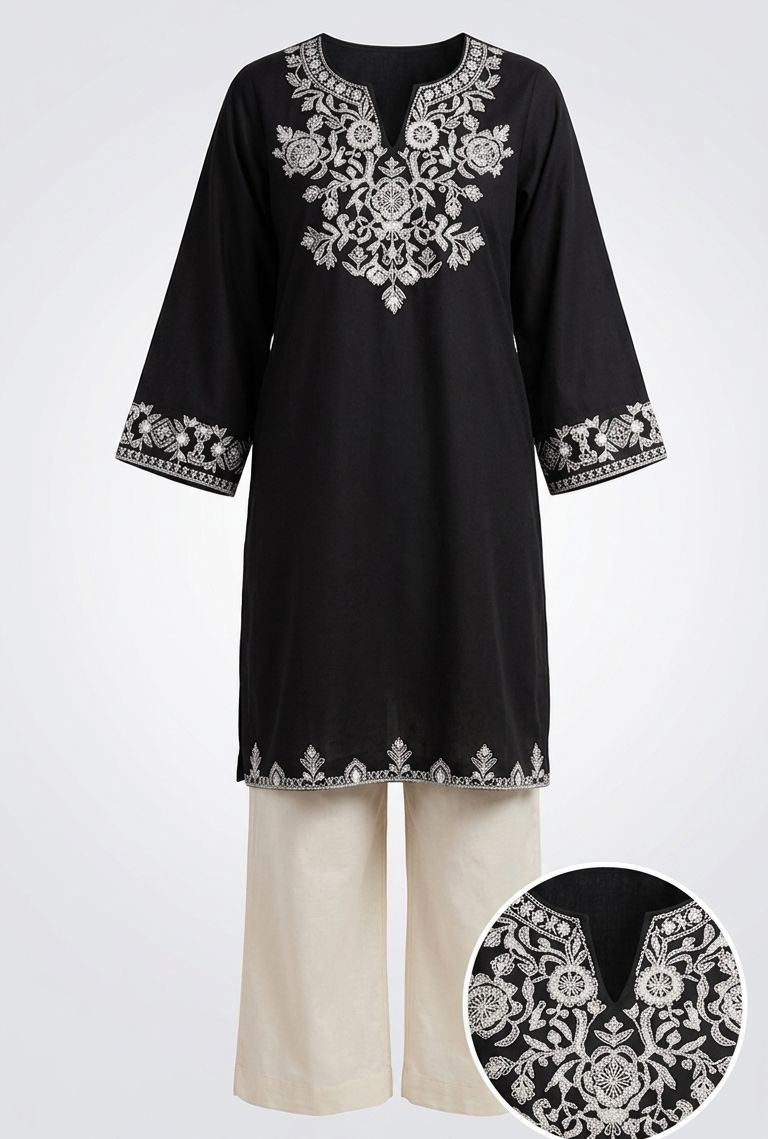 Black Embroidery cotton kurta set with Plazzo pants