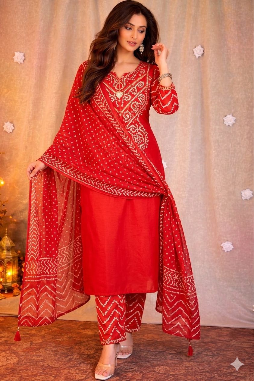 Rust Orange Cotton Bandhani Kurta Set with Dupatta for Women
