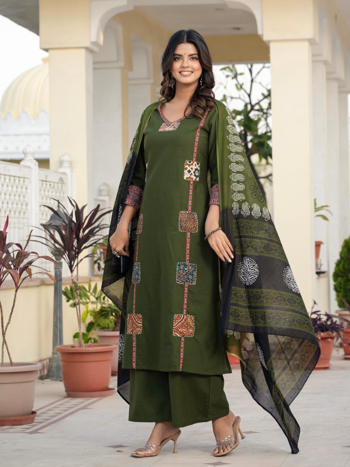 Patch work Sea Green Cotton kurta set with malmal Dupatta