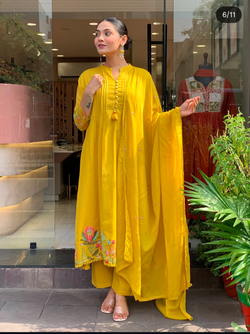 Women Yellow Floral Embroidered Pleated Thread Work kurta &. Dupatta set