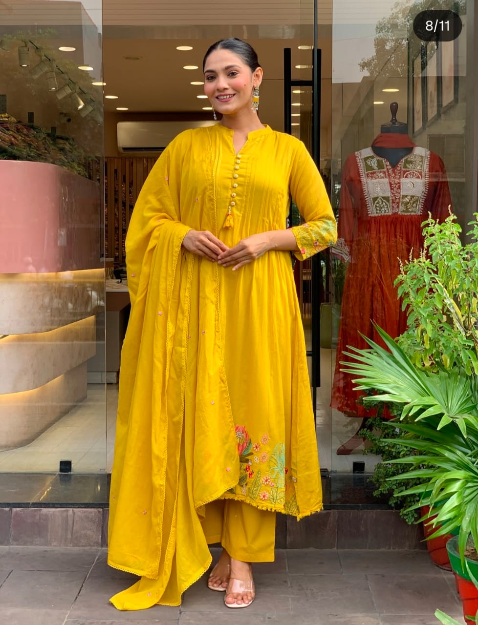 Women Yellow Floral Embroidered Pleated Thread Work kurta &. Dupatta set