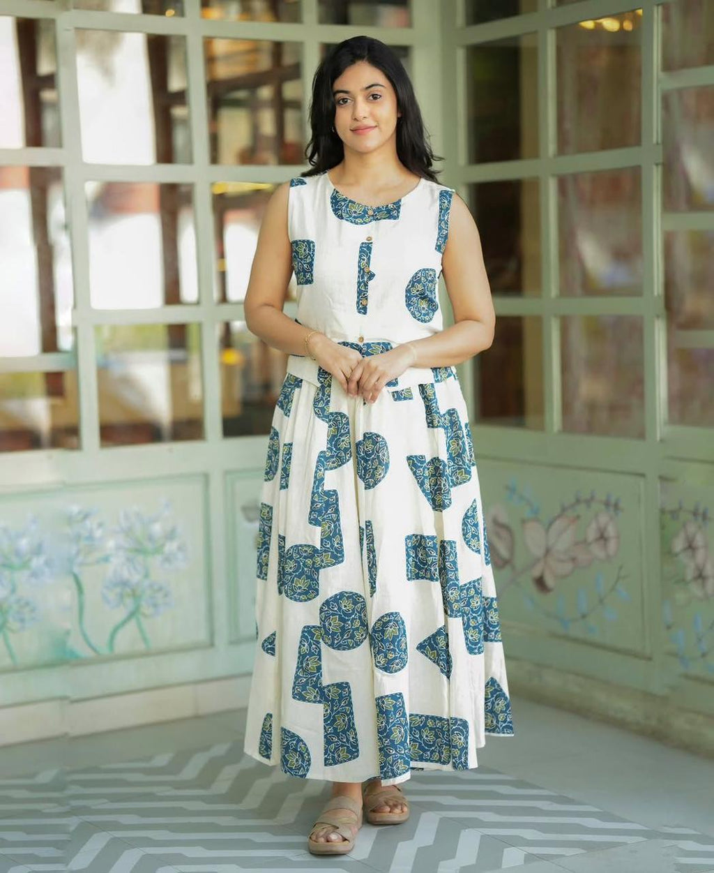 Women's White Cotton Top with Floral Long Skirt