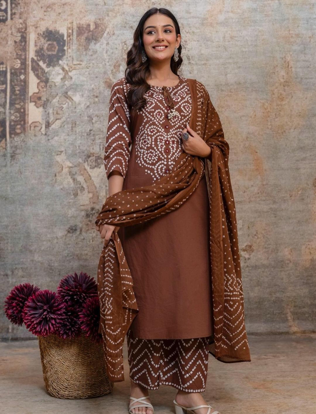 Women's Brown Bandhani printed kurta set