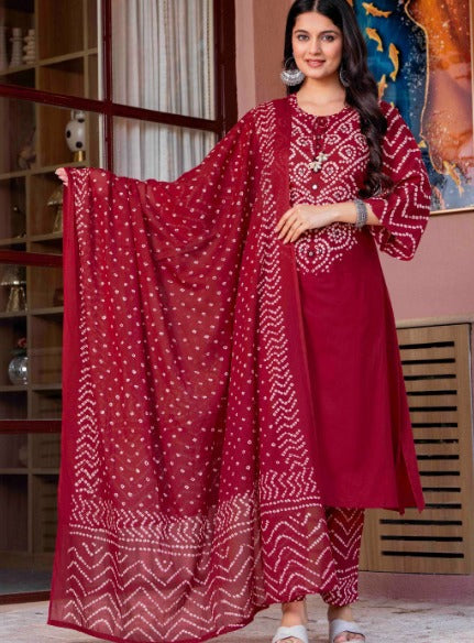 Maroon Bandhani Embroidery & Dupatta Set