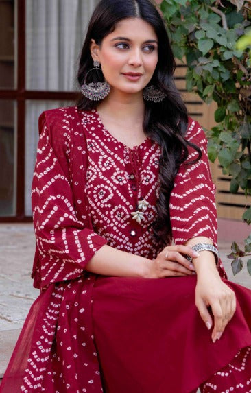 Maroon Bandhani Embroidery & Dupatta Set