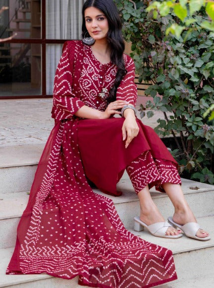 Maroon Bandhani Embroidery & Dupatta Set