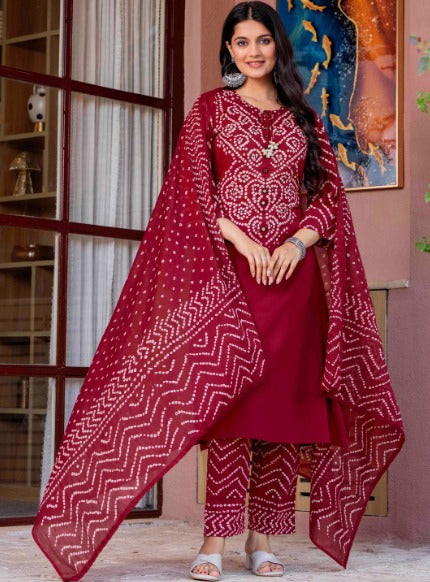Maroon Bandhani Embroidery & Dupatta Set