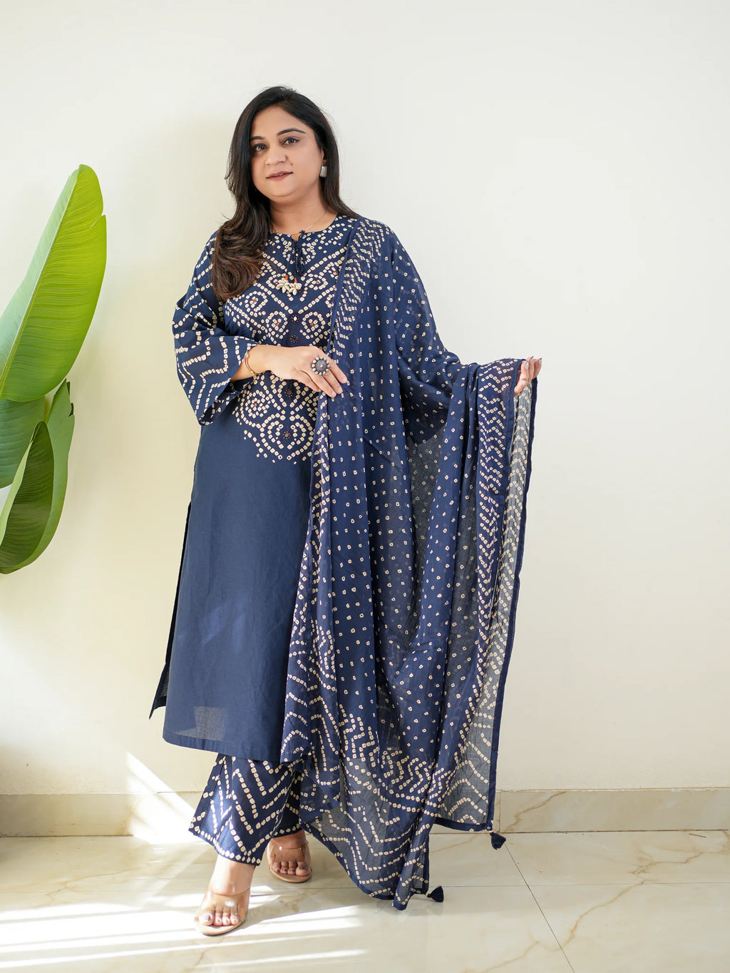 Navy Blue Bandhani Printed Kurta Set with Dupatta