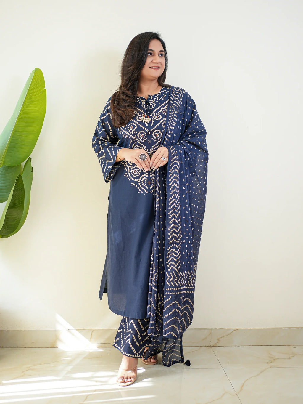 Navy Blue Bandhani Printed Kurta Set with Dupatta