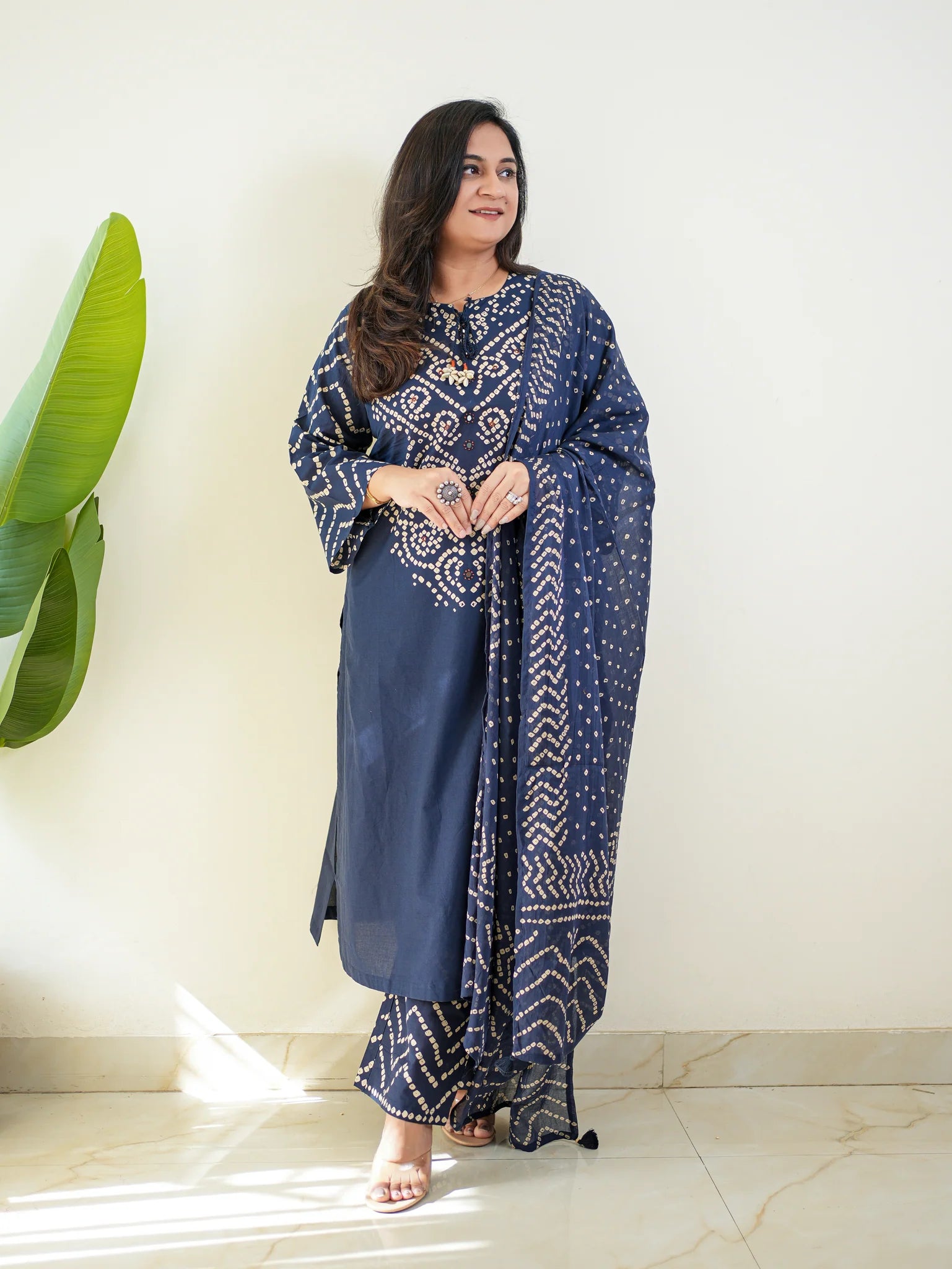 Navy Blue Bandhani Printed Kurta Set with Dupatta
