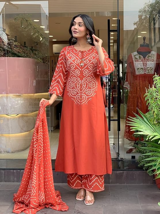 Rust Orange Cotton Bandhani Kurta Set with Dupatta for Women