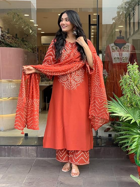 Rust Orange Cotton Bandhani Kurta Set with Dupatta for Women