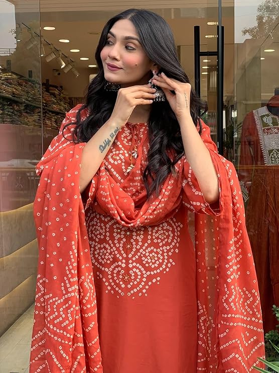 Rust Orange Cotton Bandhani Kurta Set with Dupatta for Women
