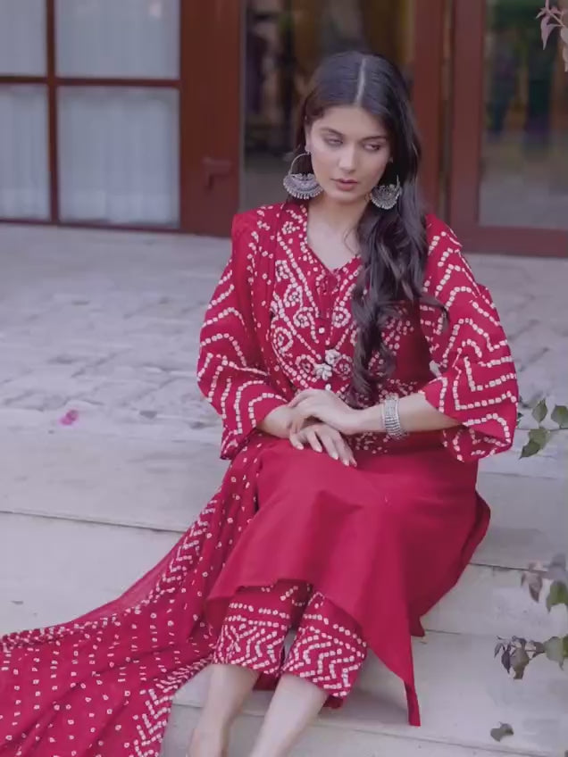 Maroon Bandhani Embroidery & Dupatta Set